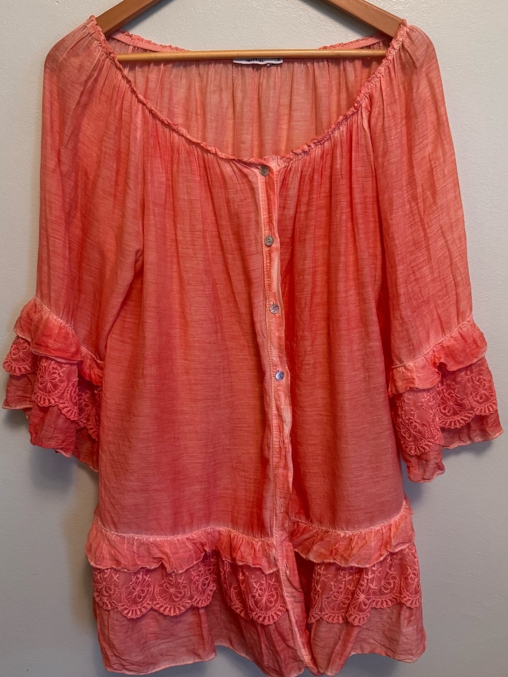 Coral Ruffle Lace-Trim Button Front Tunic